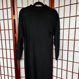 Black Mock-Neck Knit Midi Dress - Minimalist Long Sleeve Sweater Dress